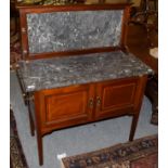 An Edwardian inlaid mahogany marble-topped washstand with splash-back, 95cm by 43cm by 115cm high