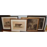 Two engravings of cows and three black & white engravings after G Moorland (5)