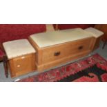 A pine box seat with studded upholstered stuffed over-seat and drawer (converted wardrobe base),