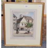 Percy Lancaster, Breton street scene with figures, monogrammed watercolour, 31.5cm by 23.5cm