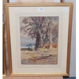 Thomas W Morley, Travellers on a path by trees, watercolour, 39cm by 27.5cm