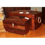 A Regency mahogany twin-compartment sarcophagus form tea caddy, together with a smaller similar