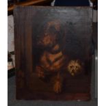 After Sir Edwin Henry Landseer, Bloodhound and terrier in a kennel, oil on canvas, 80cm by 64cm (