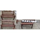 Pair of garden benches, coffee table and parasol