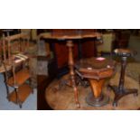 A 19th century walnut sewing box; a Victorian four-tier waterfall whatnot; a Regency wine table; and