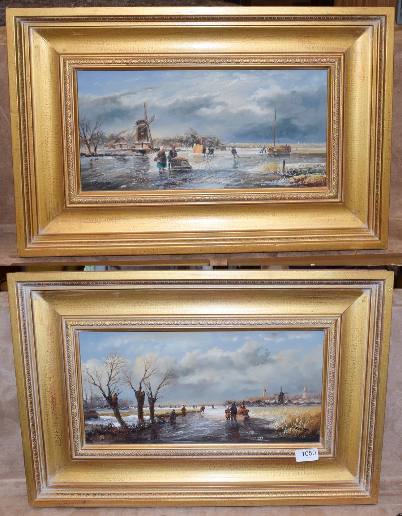 P* Miller (20th/21st century), Frozen Dutch river landscape, signed, oil on panel, together with a