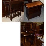 A Pembroke table, together with an Edwardian open armchair; an oak drop-leaf table; a bedstead; a