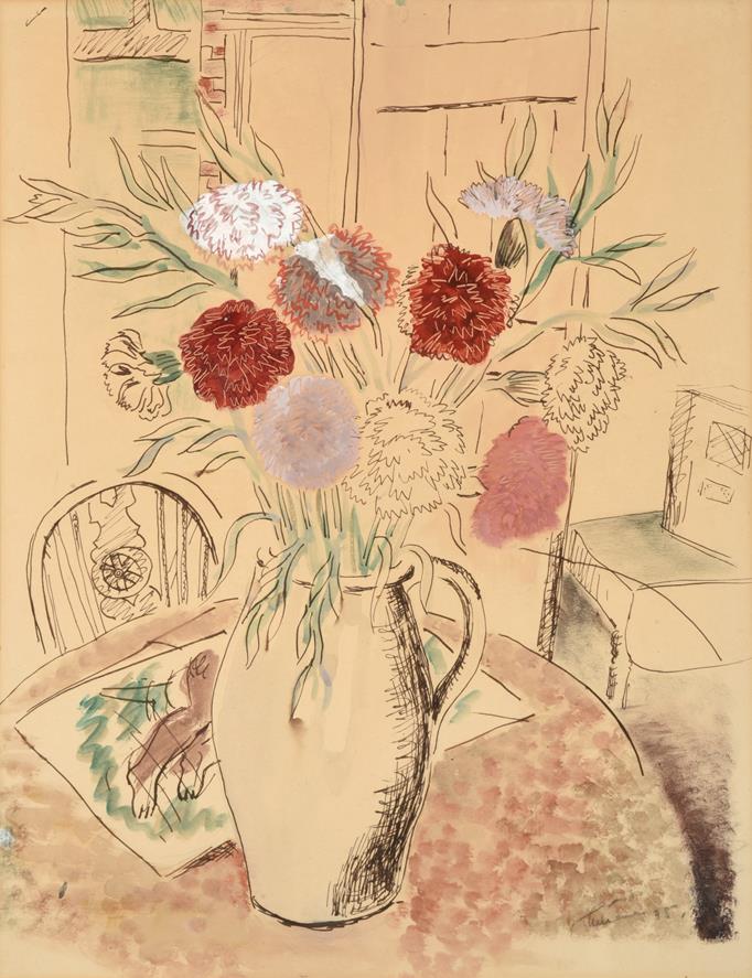 John Tunnard ARA (1900-1971) Still life of flowers in a jug with a wheelback chair Indistinctly
