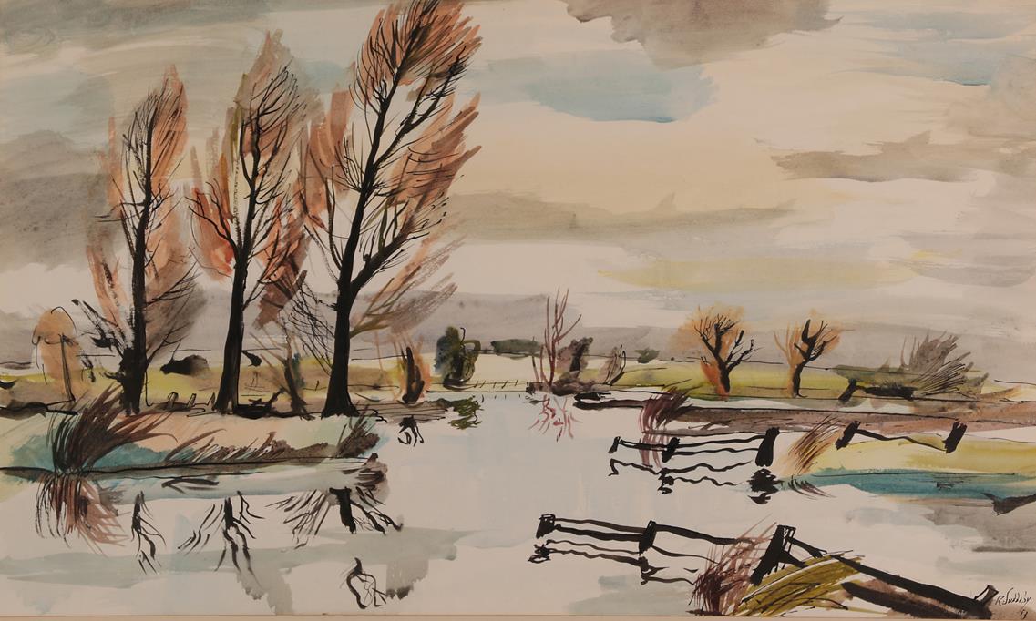 Rowland Suddaby (1912-1972) ''The Stour at Henny, Essex'' Signed and dated (19)52, watercolour, 32cm