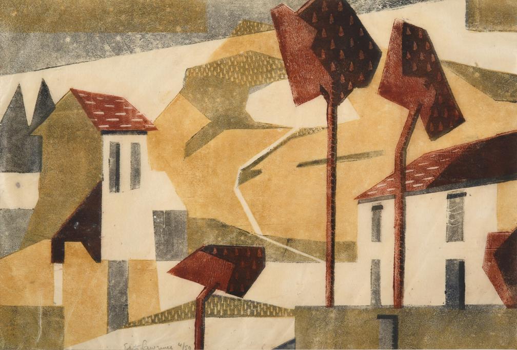 Edith Lawrence (1890-1973) ''Houses and trees'' Signed and numbered 4/50, linocut, 22cm by 32.5cm