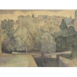 John Northcote Nash CBE, RA (1893-1977) Canal lock before a town Signed and dated 1926, mixed media,