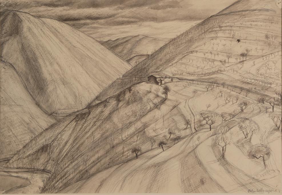 Evelyn May Gibbs (1905-1991) ''Behind Assisi'' Signed and dated 1930, pencil, 23.5cm by 34cm