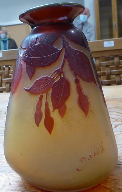 An Emile Gallé Cameo Glass Vase, acid etched with fuchsia, in tones of red on an orange ground, - Image 3 of 6