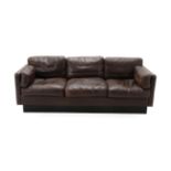 A 1970's Danish Three-Seater Sofa, brown leather upholstery, 204cm wide, 84cm deep, 70cm high