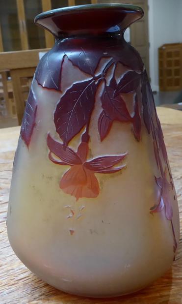 An Emile Gallé Cameo Glass Vase, acid etched with fuchsia, in tones of red on an orange ground, - Image 4 of 6
