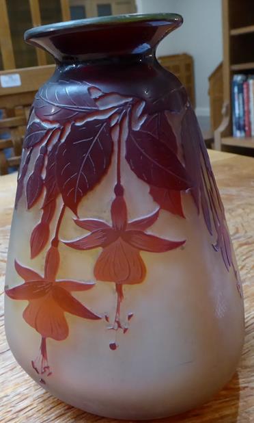 An Emile Gallé Cameo Glass Vase, acid etched with fuchsia, in tones of red on an orange ground, - Image 5 of 6