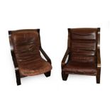 Two 1970's Scandinavian Lounge Chairs, canvas slung seats with leather cushions, unmarked, 81.5cm