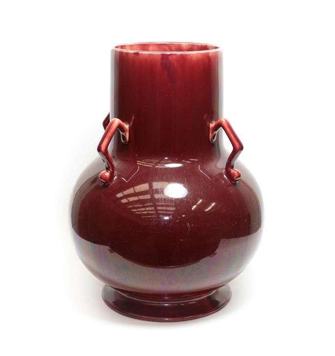 A Linthorpe Pottery Flambe Vase, with four loop handles, flambé glaze, impressed LINTHORPE 2038,