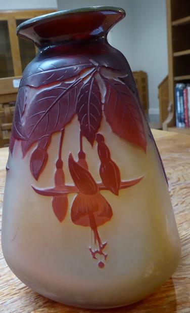 An Emile Gallé Cameo Glass Vase, acid etched with fuchsia, in tones of red on an orange ground, - Image 6 of 6