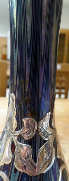 An Art Nouveau Loetz Blue Iridescent Glass and Silver Mounted Vase, circa 1900, with applied - Image 3 of 8