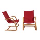 A Pair of Scandinavian Laminated Bent Beechwood Cantilever Chairs, with red webbing, unmarked,