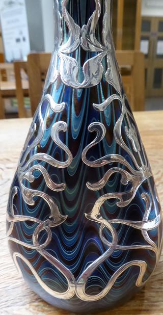 An Art Nouveau Loetz Blue Iridescent Glass and Silver Mounted Vase, circa 1900, with applied - Image 6 of 8