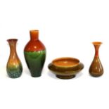 Three Linthorpe Pottery Vases, shape 124, 376 and 1312, all in mustard and green, impressed