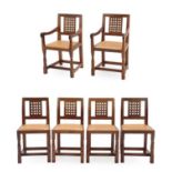 Workshop of Robert Mouseman Thompson (Kilburn): A Set of Six (4+2) English Oak Lattice Back Dining