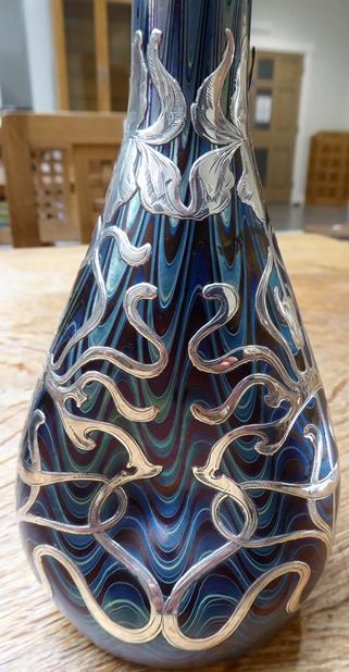 An Art Nouveau Loetz Blue Iridescent Glass and Silver Mounted Vase, circa 1900, with applied - Image 8 of 8