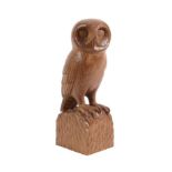 Woodpeckerman: Stan Dodds (1928-2012): A Carved English Oak Owl, perched on a tooled base, with