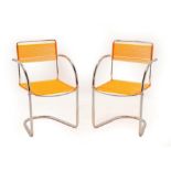 A Pair of Spaghetti Chairs, cantilever chrome frames with orange plastic straps, unmarked, 84.5cm