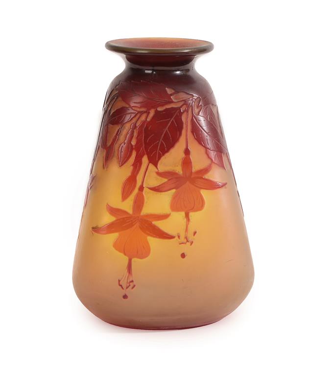 An Emile Gallé Cameo Glass Vase, acid etched with fuchsia, in tones of red on an orange ground,