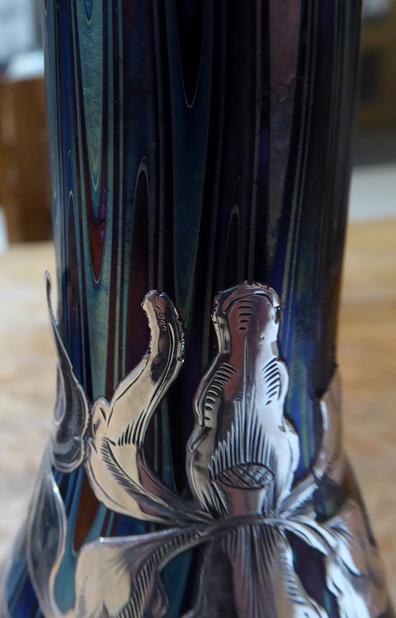 An Art Nouveau Loetz Blue Iridescent Glass and Silver Mounted Vase, circa 1900, with applied - Image 5 of 8