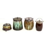 Three Linthorpe Pottery Barrels, shape 913, 1353 and 945, all with electroplated handles and lids,
