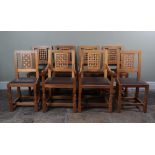 Workshop of Robert Mouseman Thompson (Kilburn): A Set of Eight (6+2) English Oak High Lattice Back