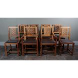 Workshop of Robert Mouseman Thompson (Kilburn): A Set of Eight (6+2) English Oak High Lattice Back