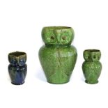 Two Farnham Pottery Earthenware Owl Jugs, green glaze, unmarked, 15.5cm and 26cm; and A Bourne Denby
