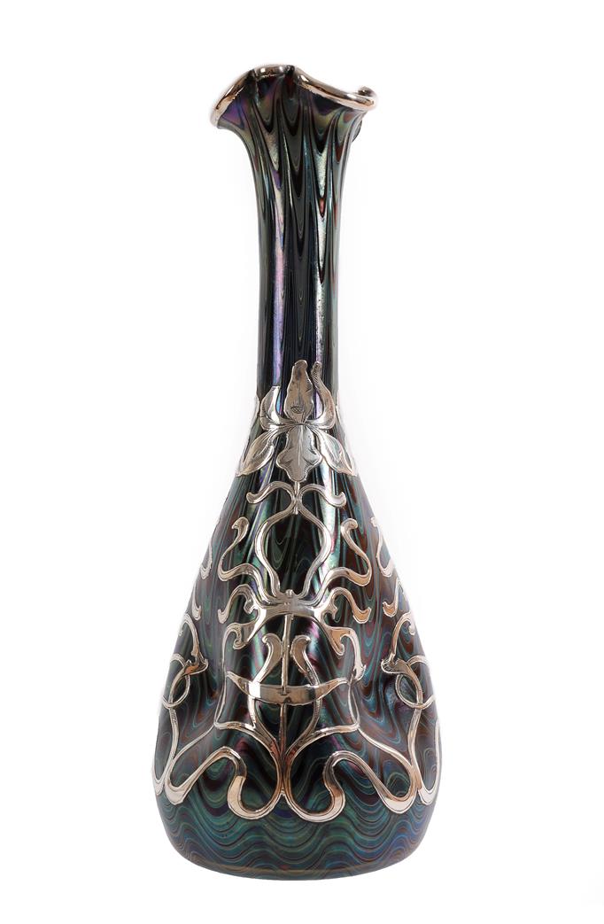 An Art Nouveau Loetz Blue Iridescent Glass and Silver Mounted Vase, circa 1900, with applied