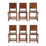 Workshop of Robert Mouseman Thompson (Kilburn): A Set of Six English Oak Panel Back Dining Chairs,