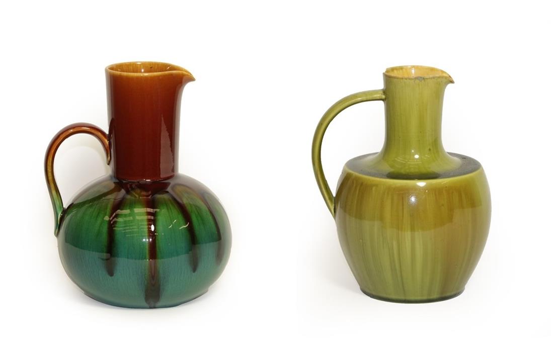 Christopher Dresser for Linthorpe Pottery: A Jug, shape No.668, in green, blue and brown,
