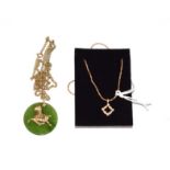 An 18 carat gold cultured pearl and diamond pendant on chain, chain length 41cm; and a jade