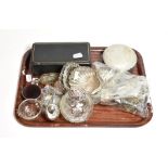 A collection of assorted silver, including a cased three-piece condiment set, each piece with blue-