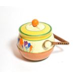 A Clarice Cliff Bizarre pattern biscuit barrel, in the Crocus pattern, wicker handle, 16cm height