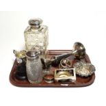 A collection of assorted silver, including: a silver-mounted cut-glass tantatus decanter of square