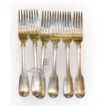A set of six Victorian Silver fiddle table forks, by George Adams, London, 1841, Fiddle pattern,