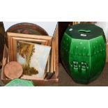 A green glazed barrel seat, small wooden tool and a selection of pictures and prints including an