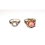 A diamond and cultured pearl cluster ring, unmarked, finger size M1/2; and a coral and diamond