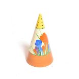 A Clarice Cliff Bizarre conical sugar sifter, in the Crocus pattern, 14cm height