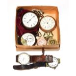 A collection of watches including two gun-metal pocket watches, two fob watches, one with a ribbon