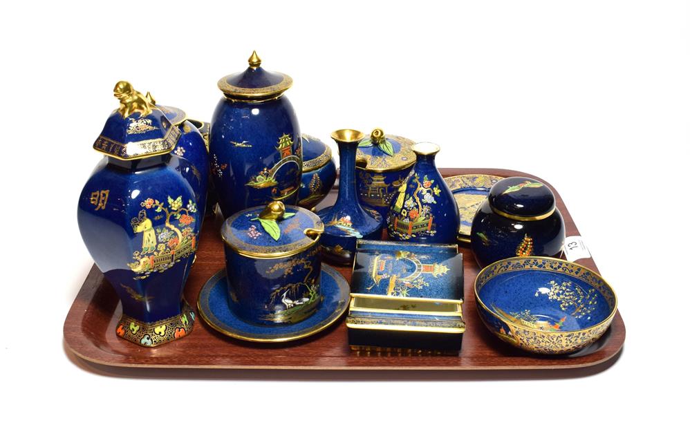 Carlton ware blue ground chinoiserie pattern lustre wares including a selection of small vases, some